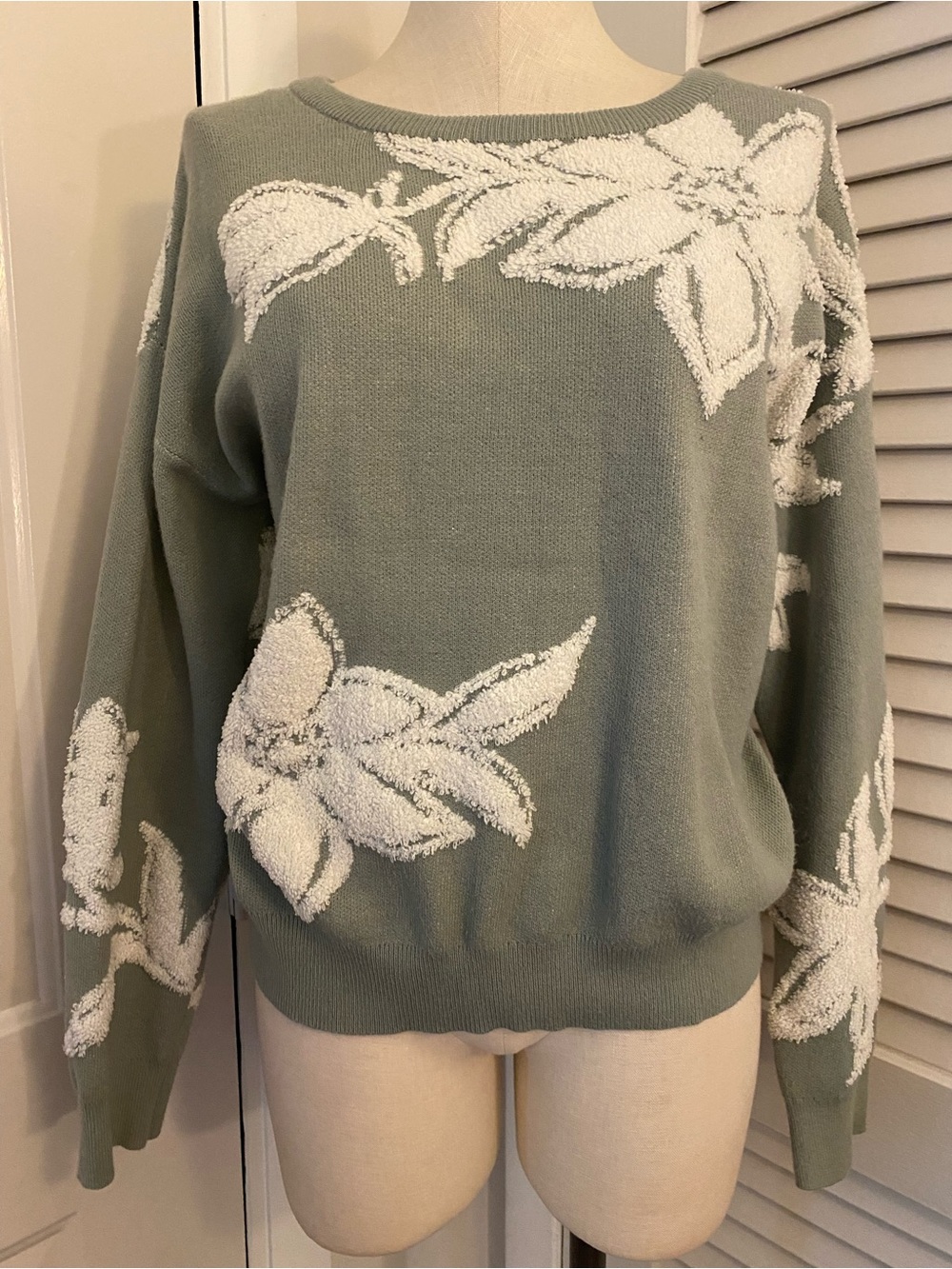 Nicole Miller Sage Green Crewneck Sweater with White Floral Texture- Size XL